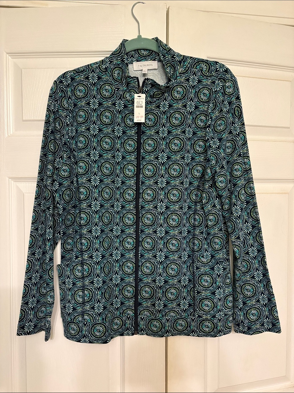 NWT Talbots Teal and Navy Medallion Zip Jacket